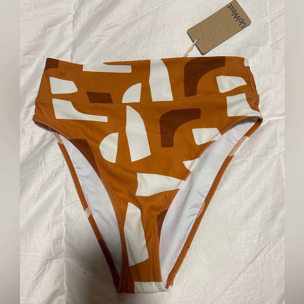 UpWest Swim sz S high waisted bikini bottoms NWT, shades of brown and cream